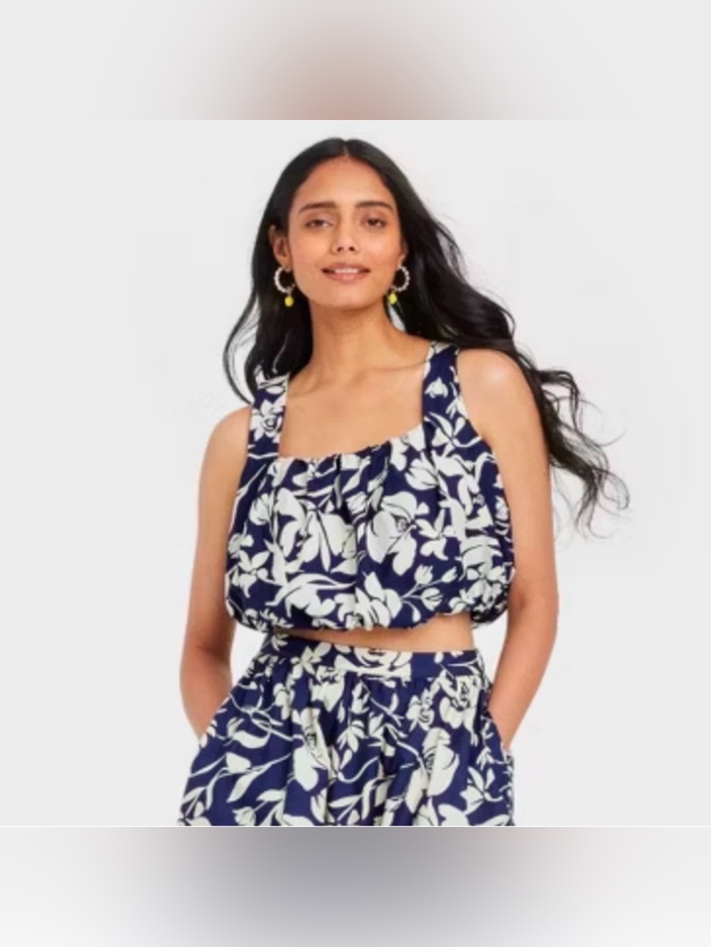 A New Day Navy and White Floral Cropped Tank Top